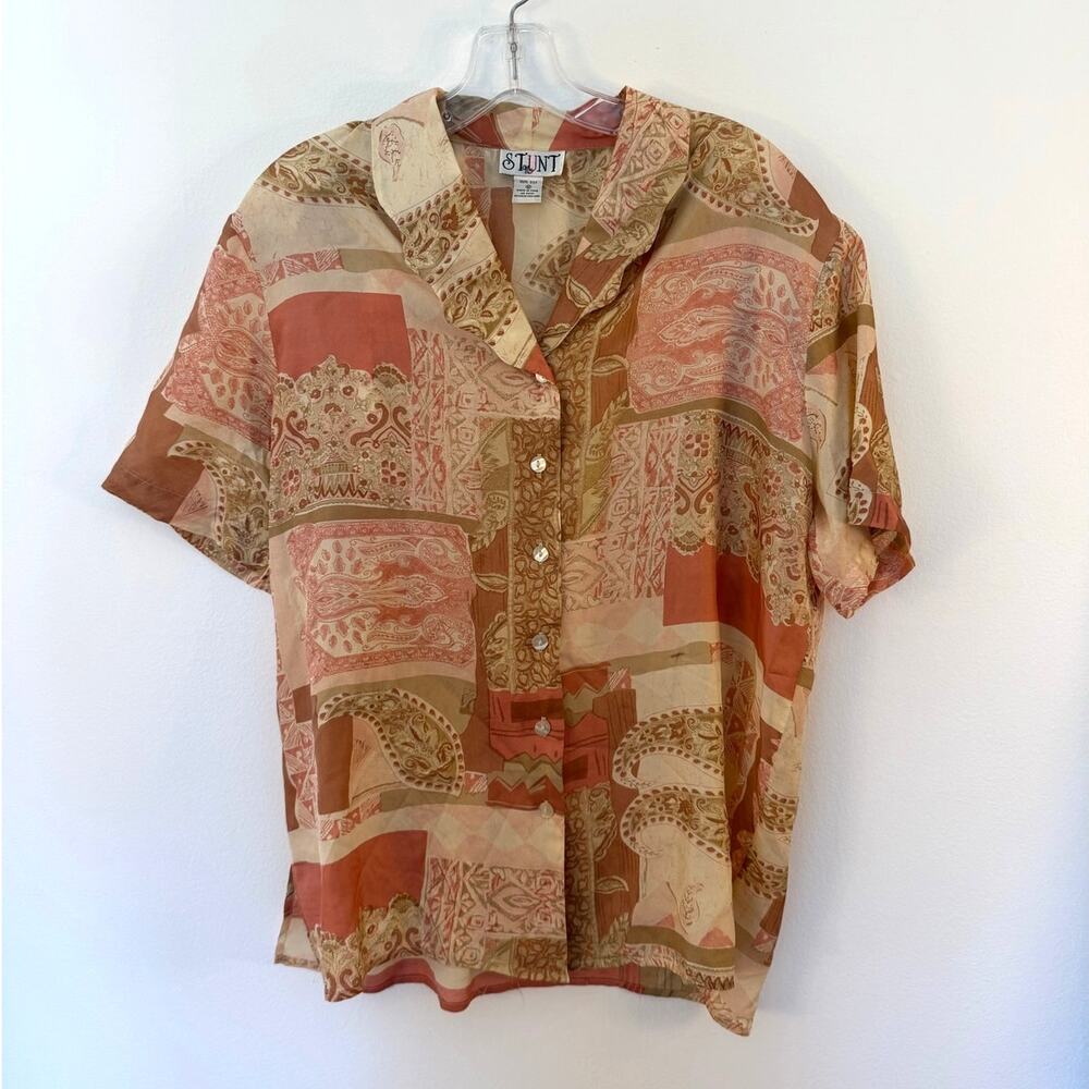 Vintage STUNT Brand 100% Silk Paisley & Block Print Shirt Beige Pink Retro